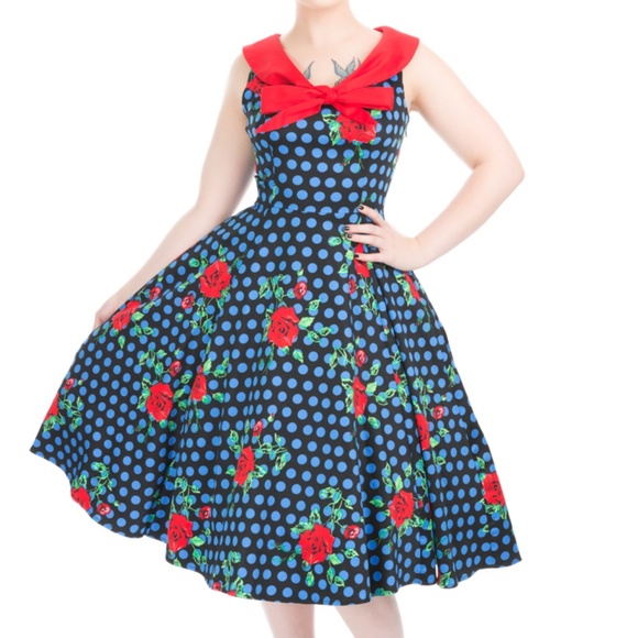 Hearts & Roses London Red & Blue Rose Marie A-Line Dress, - Picture 2 of 5